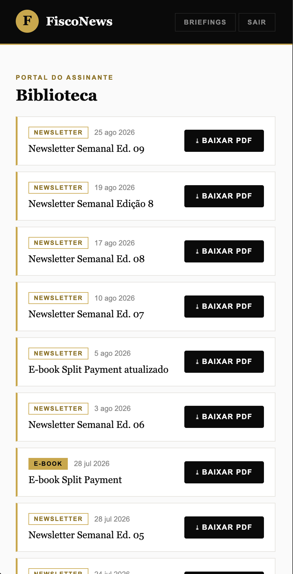 Tela real da Biblioteca do Portal do Assinante do FiscoNews